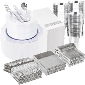 WELLIFE 700 Pieces Silver Plastic Dinnerware Set for 100 Guests - Includes Plates, Cups, Napkins, and Disposable Cutlery - Elegant White & Silver Design, Perfect for Parties and Events