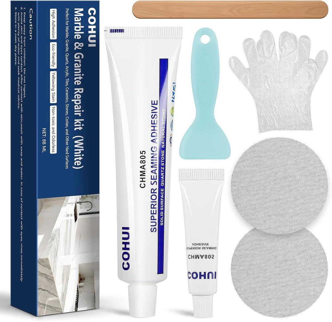 Marble and Granite Repair Kit (White) - 30-Min Quick-Drying Quartz Countertop Repair Kit on Quartz, Marble, Porcelain and Other Stone Surfaces - Granite Sealer for Edge Chips Cracks Scratches Holes