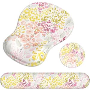 Ergonomic Mouse Pad with Wrist Rest and Keyboard Wrist Rest, Gel Mousepad and Wrist Rest for Computer Keyboard, Pain Relief, Non-Slip PU Base, Mouse Pad Wrist Support for Gaming, Pink Yellow Flowers