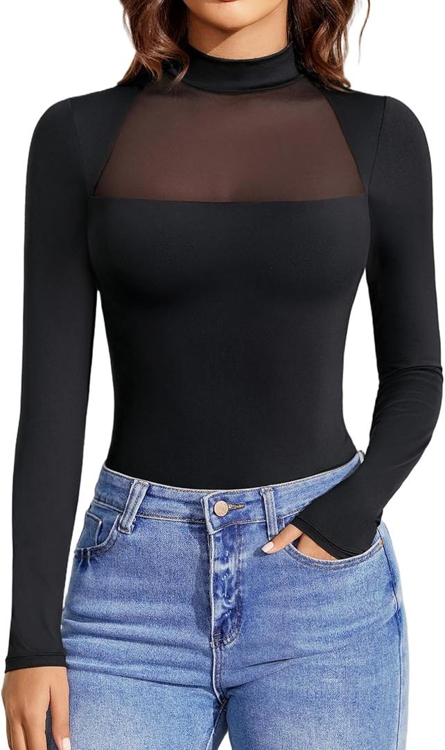 Avidlove Bodysuits for Women Mock Neck Shapewear Body Suit Long Sleeve Leotard Mesh Going Out Tops Concert Outfits (X-Large, Black)