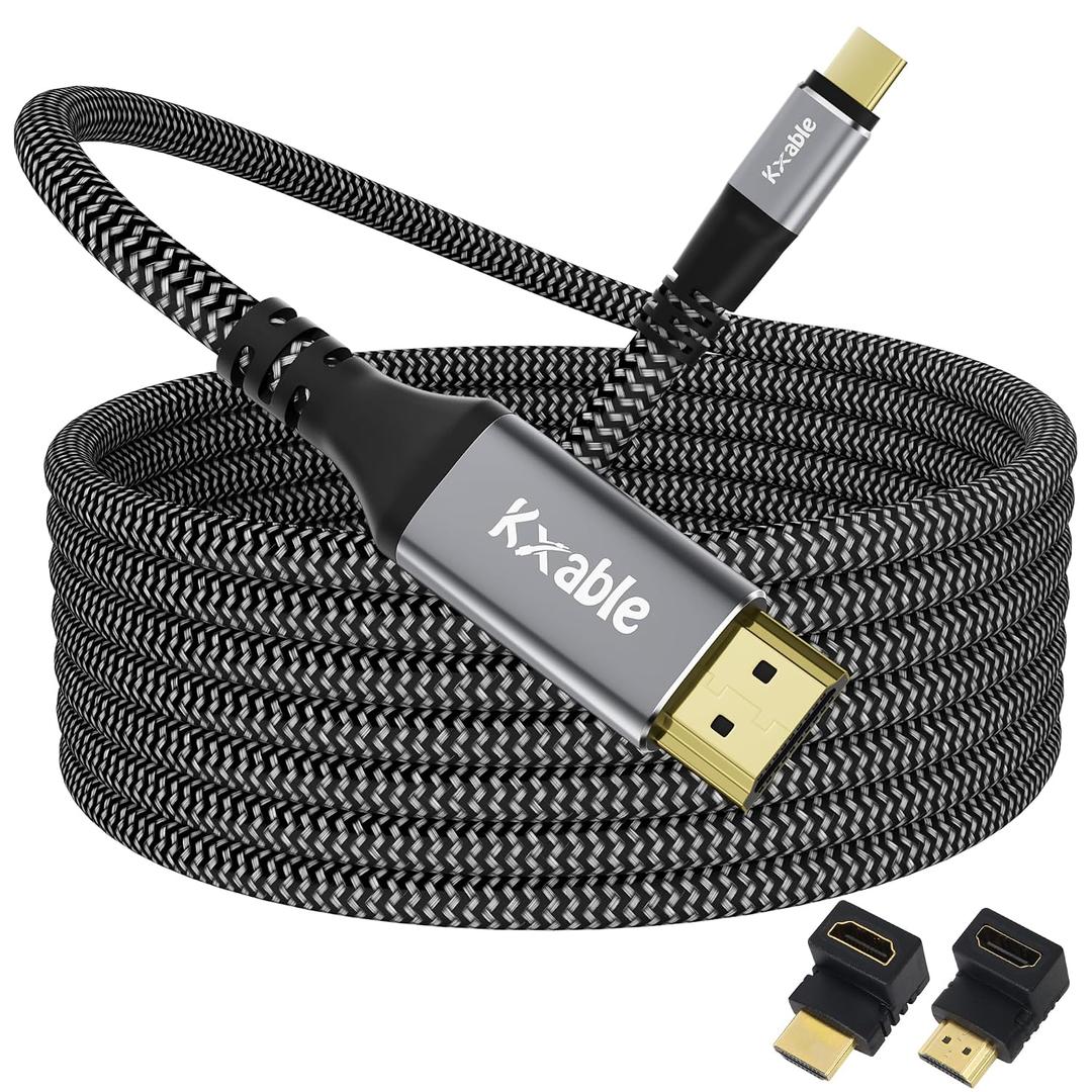 USB C to HDMI Cable 20 FT, 4K Type-C to HDMI Braided Cord, [Thunderbolt 3/4 Compatible], for iPhone 15 Series, MacBook Pro/Air, iPad Pro, Galaxy S23, Note 20, Surface, Dell, HP, with 2 HDMI Adapters