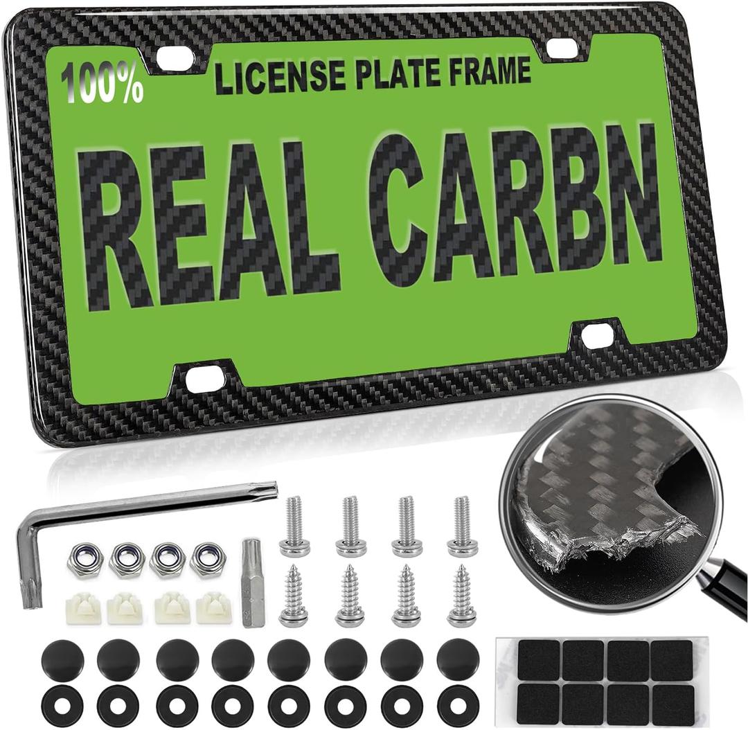 Real Carbon Fiber License Plate Frame 100% Pure Carbon Fiber Frame Black License Plate Holder Cover Universal Car Tag Frame for Men/Women Gift - 1 Pack 4 Hole