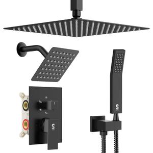 Shower Faucet Set Shower System - SR SUN RISE Matte Black Shower Trim Kit with Dual Shower Head, 12'' Ceiling Rainfall 6'' Wall Mount with Handheld Shower for Couples, Complete 6 Diverter Valve