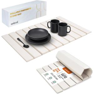 Stone Dish Drying Mat For Kitchen Counter Off-White 24"x16"  Quick Dry & Foldable Diatomaceous Earth Mat for Dish , Bottle , Cup , Tableware & Match Any Countertop. (Large)