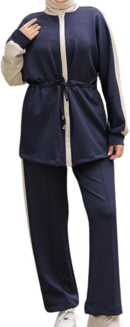 Modest Turkish Hijab Tracksuit for Muslim Women 2 Piece Sportswear Set Perfect for Casual Comfort Activewear (Small-Medium, Navy Blue)