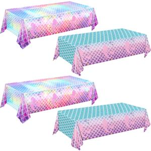 4 Pack Mermaid Tablecloth Mermaids Laser Table Cover for Girls Mermaid Birthday Party Decorations, 108x54 Inch
