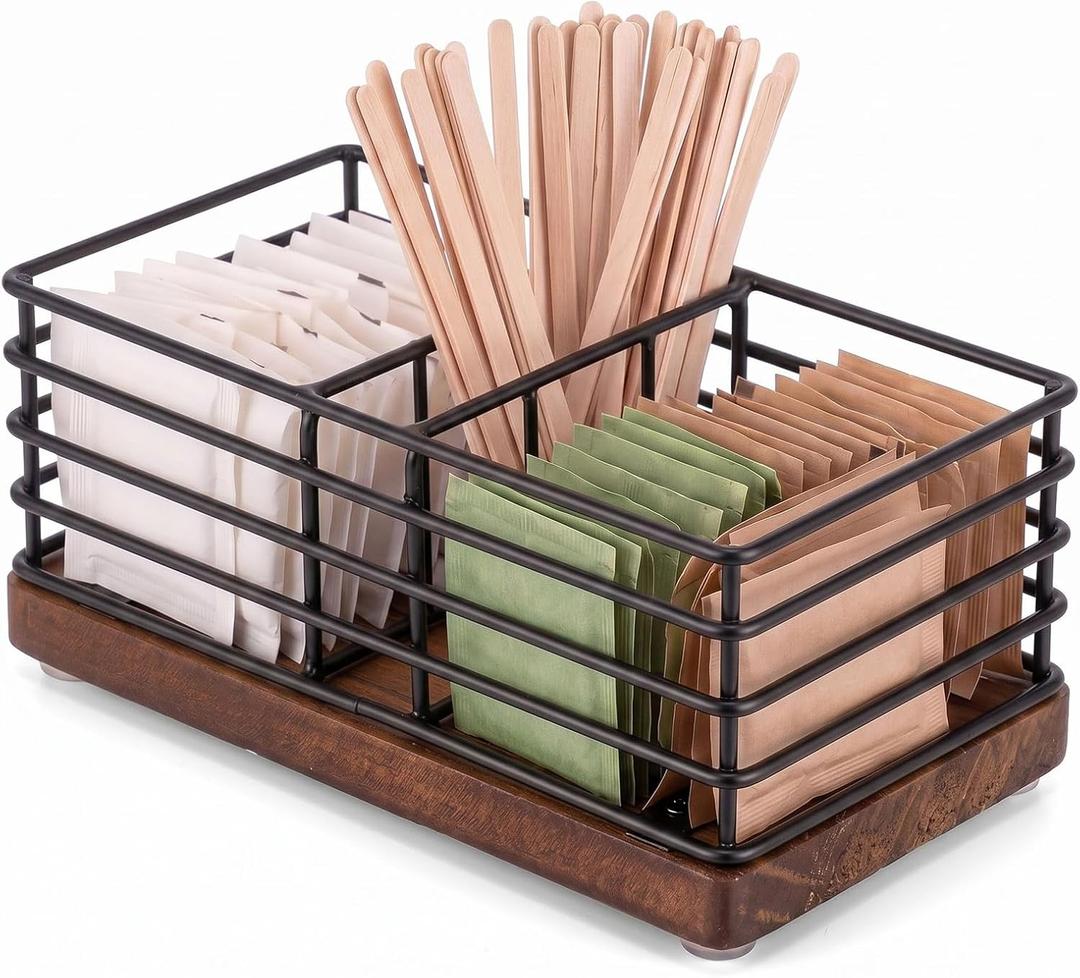 Geelin Sugar Packet Holder, Sugar Caddy, Farmhouse Metal Tea Bag Organizer, Stirrers Straws Small Condiments Packet Container for Coffee Bar, Kitchen Office Home 5.7" x 3.1" x 2.4"(Rustic Black)