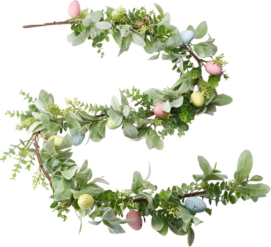 AOMOONOA 6 FT Easter Garland Artificial Egg Garlands with Green Leaves Easter Decorations for Home, Spring Decor for Mantle Fireplace Table Door