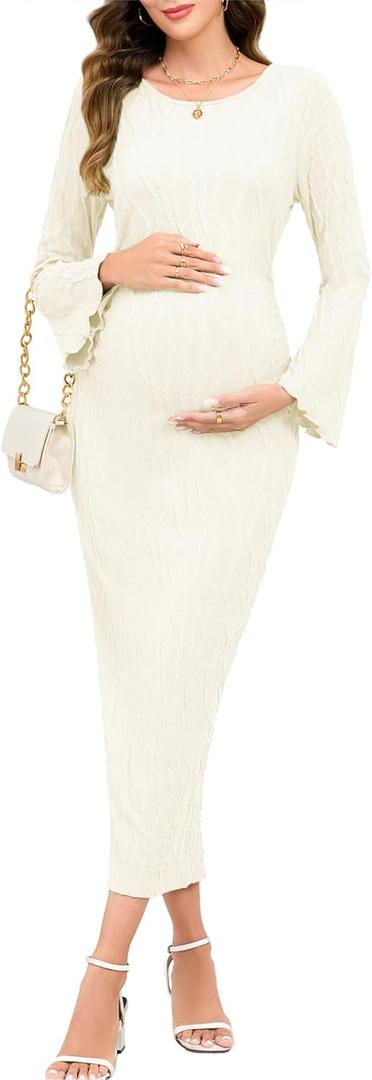 Maternity Dress Ribbed Knit Long Sleeve Round Neck Bodycon Mid Pregnancy Dresses Casual Baby Shower Bell Sleeve (Small, Off-white)