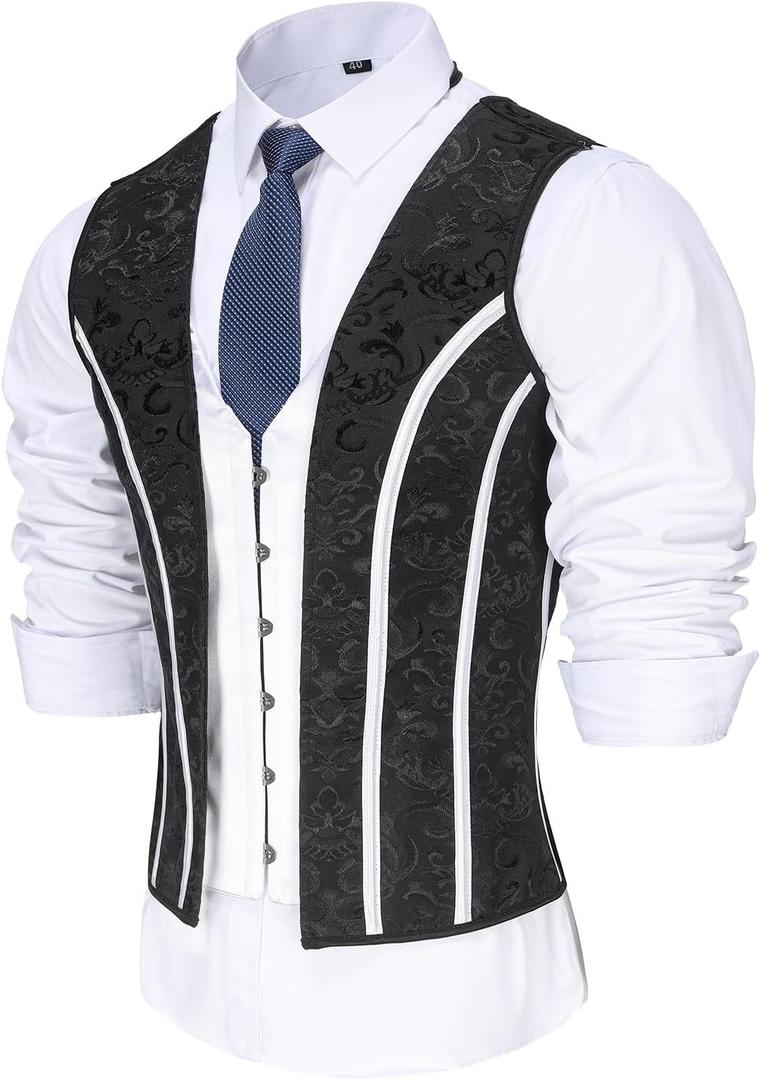 Mens Corset Vest Lace Up Shaping Tops Bones Vintage Dress Waistcoat Print Formal Slimm Fit Wedding Stage (X-Large, Blackprint Mixed White)