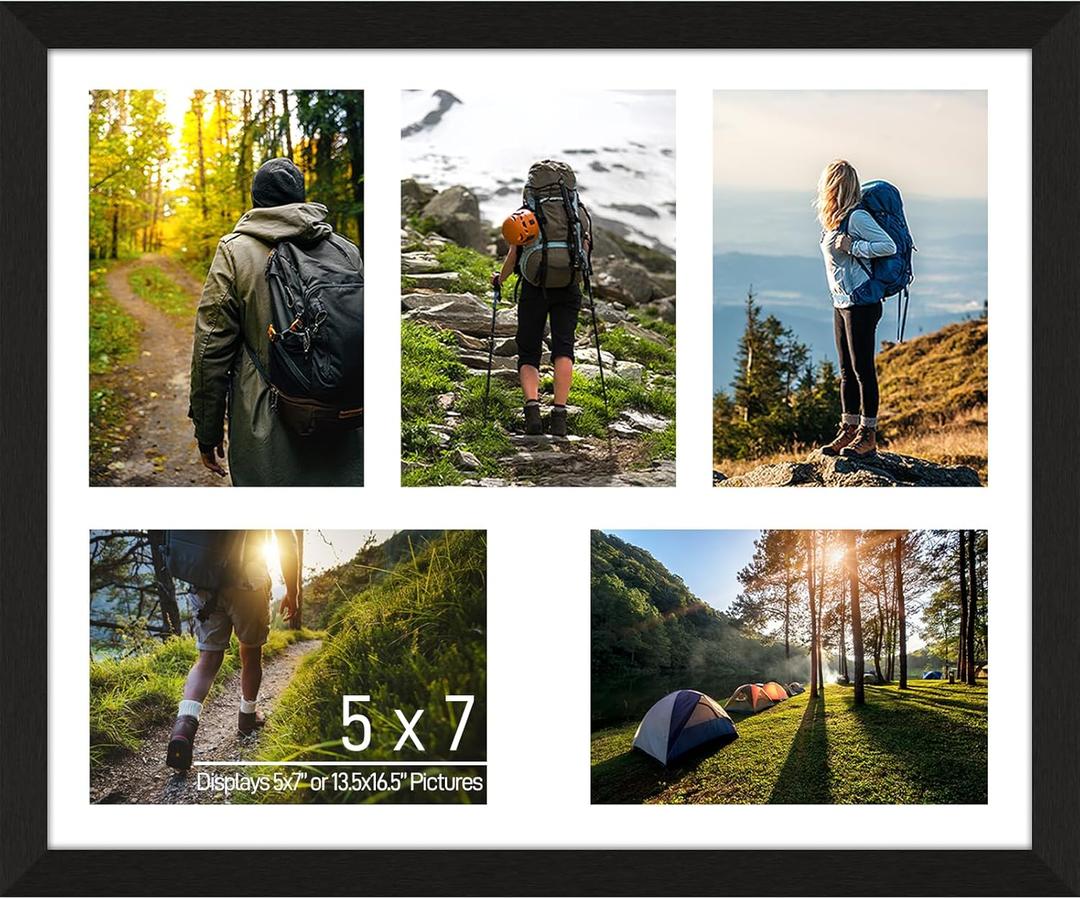 5x7 Picture Frame Collage 5 Openings, 13.5"x16.5" Multi Photo Collage Frame 5"x7" Gallery Wall Decor Wooden, Black Frame with White Mat, Wood