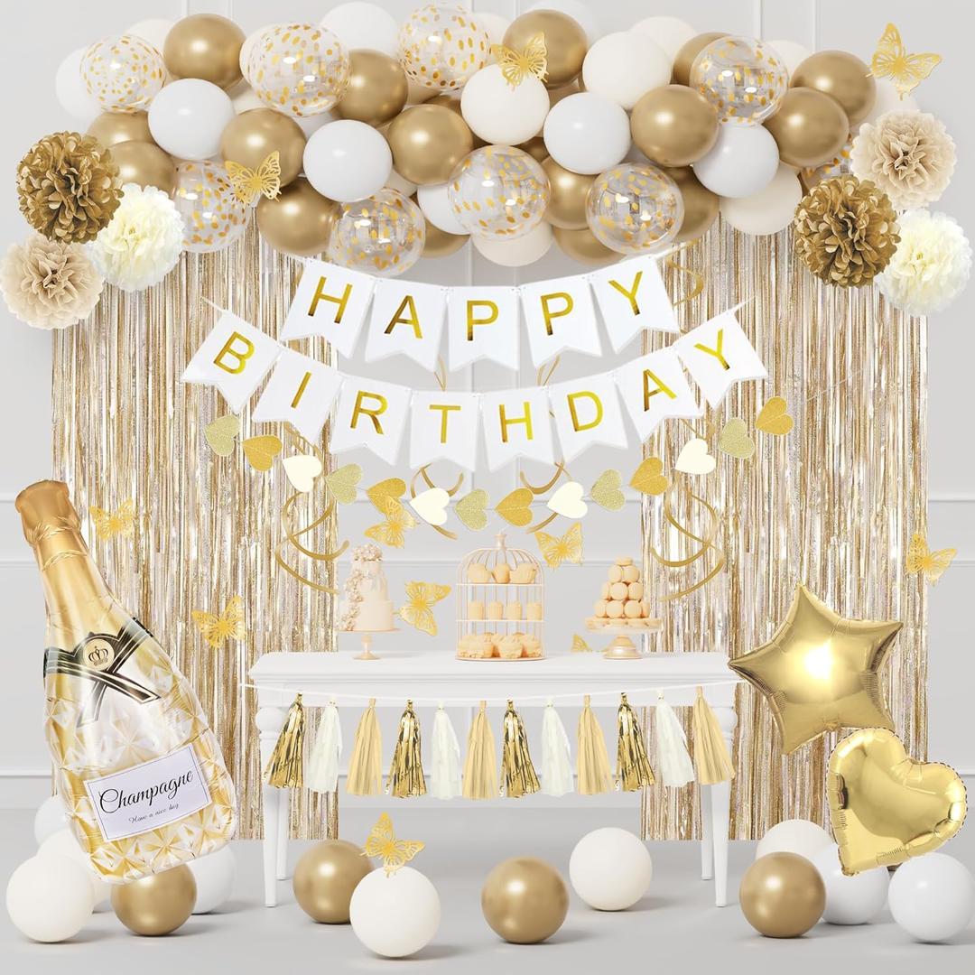 White and Gold Birthday Party Decorations Kit for Women Girls, Gold White Sand Confetti Foil Balloons Happy Birthday Banner Fringe Curtains Butterfly Garland Baptism Communion Supplies