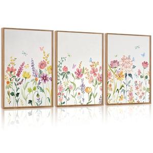 CHDITB Wildflower Framed Canvas Wall Art Set Of 3,Flower Artwork Modern Floral Wall Decor, Watercolor Nature Wall Painting, Minimalist Butterfly Art Prints For Bedroom Living Room Office Decor-12”X16”