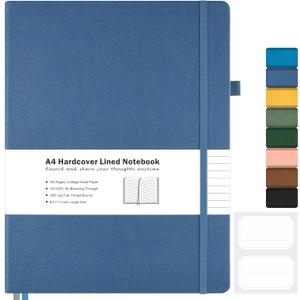 College Ruled Notebook, A4 Hardcover Leather Notebook for Work, Lined Notebook Journal for Women, Men, 192 Thick Paper, 8.5" x 11", Large Notebook with Pockets, Professional Business Notebook, Blue