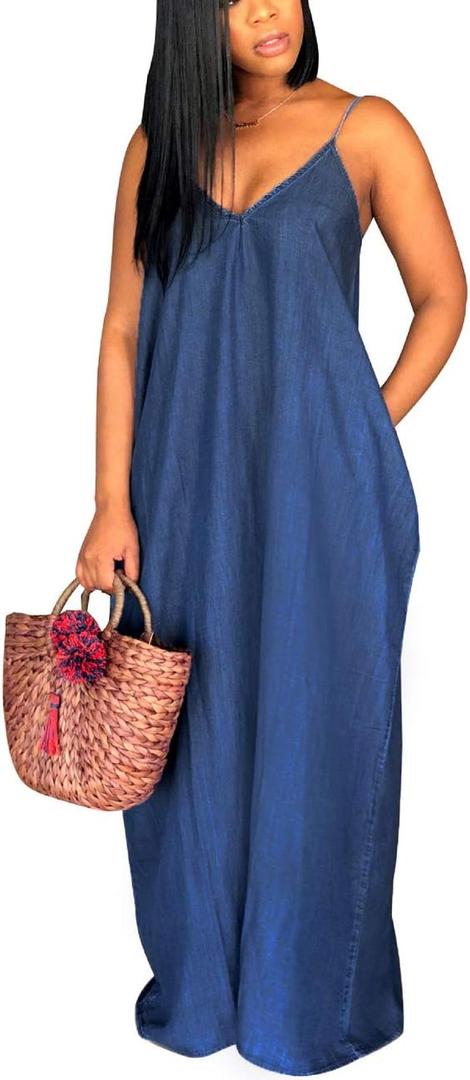 Maxi Dresses for Women Sexy Casual Spaghetti Strap Long Summer Sundress with Pockets, XX-Large, Denim Navy