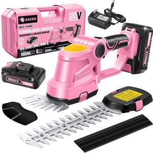 Saker Cordless Hedge Trimmer-20V Electric Shrub Trimmer Grass Shears Handheld Grass Cutter, Hedge Shear with 2 PCS Rechargeable Battery and Charger for Garden, Lawn(Pink)