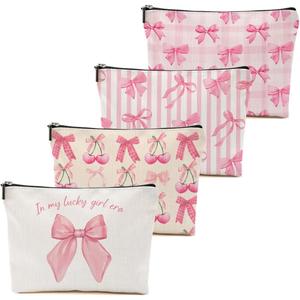 4Pcs Pink Coquette Bow Makeup Bag, Preppy Cosmetic Bags Zipper Pouch Travel Toiletry Bag, Pink Trendy Gifts for Women Girls Coworker Friends Travel Storage Accessories Birthday Christmas Gifts-2