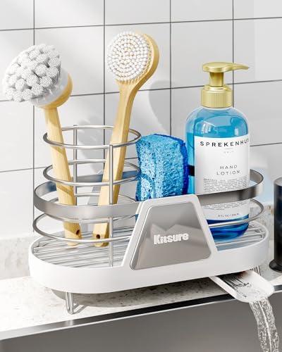 Kitsure Space-Saving Kitchen Sink Caddy, Rustproof Metal Sink Organizer with Removable Brush Holder, 7.9"3.9"5.3", White