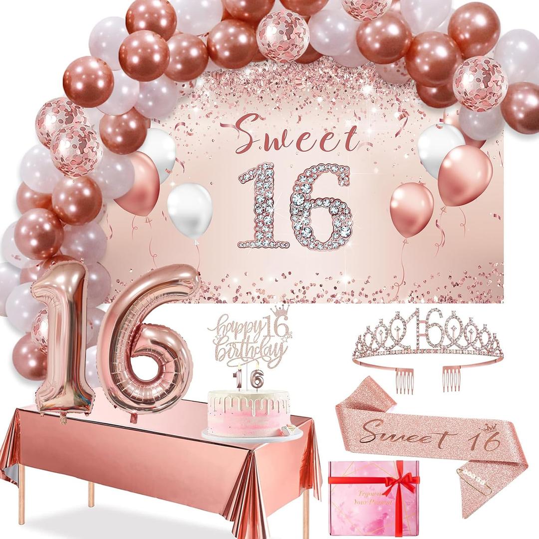Trgowaul 16th Birthday Decoration Balloon Set Girls Arch, Rose Gold Sweet 16th Birthday Banner and Party Tablecloth, Belt and Tiara, Pink Gold 16th Balloon, Pink Birthday Cake Top, Latex Balloon * 60