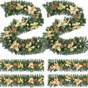 Meooeck 3 Sets 9 ft 150 LED Pre-Lit Artificial Christmas Garland with Gold Berries and Balls Pine Cone Flower and Battery Operated String Lights for Fireplace and Stair Railing,Total 27 ft