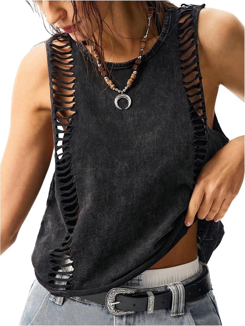 Women's Hollow Out Summer Sleeveless Tank Tops Washed Retro Rock Concert Outfits Tops Streetwear (Black)