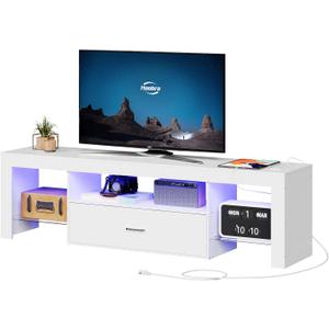 HOOBRO LED TV Stand with Power Outlets to 65 inch TV, Gaming Entertainment Center with Glass Shelves and Large Drawer, Modern Media TV Console Table for Living Room Bedroom, White WT14UDDS01, 55.1 Inch