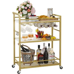 3 Tier Bar Cart Gold, Stylish Rolling Bar Cart, Gold Wine Cart with Wheels, Small Beverage cart, Metal Bar Carts Home, Liquor Cart with Glass Holders & Wine Rack for Kitchen Living Room GBC507G