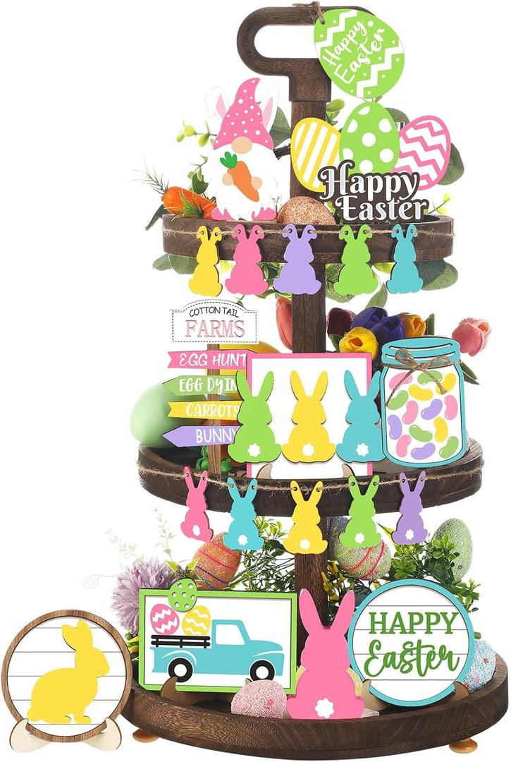 Wesiti 20 Pieces Easter Tiered Tray Decor Easter Decorations Rustic Gnome Bunny Rabbits Eggs Wooden Spring Sign Decorative Trays Signs for Home Table Office Kitchen Farmhouse Party Tabletop