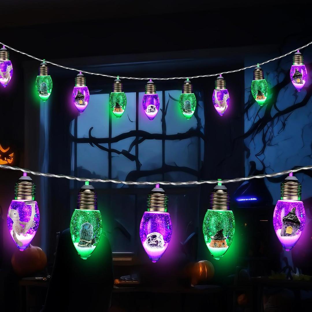 2 Pcs Halloween Bulb String Lights Decorations 6.6 ft 10 LED Battery Operated Skull Pumpkin Tombstone String Lights for Home Window Holiday Indoor Outdoor Decor (Green and Purple)