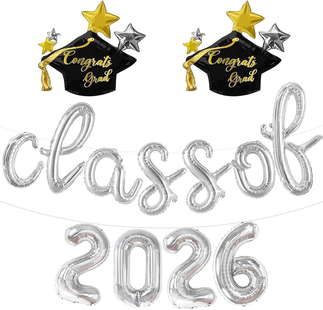 2 x 16 Inch Silver Class of 2026 Balloons Graduation Balloons Class of 2026 Graduation Cap Balloon Banner for 2026 Congrats Grad Graduation Party Decorations