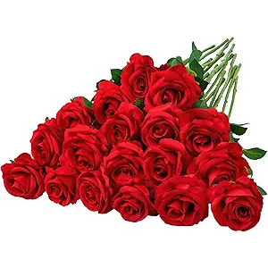 20 Pcs Fake Red Roses Artificial Silk Flowers with Long Stems for Valentines Decor Wedding Home Party Table Centerpieces Bridal Bouquet DIY Floral Arrangment