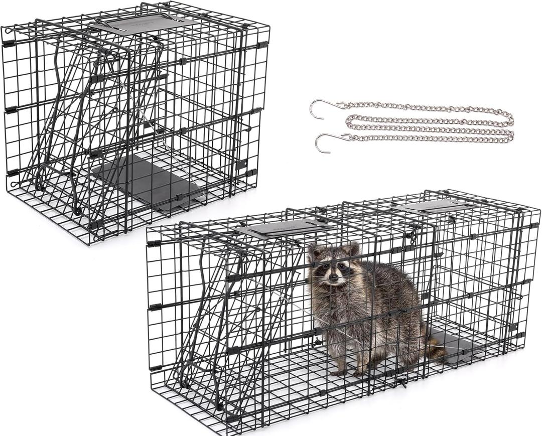 2-in-1 Live Animal Trap Cage, 32" Raccoon Large Trap Detachable into 16" Small Box Traps for Groundhog Stray Cat Humane Rodent Cage Indoor & Outdoor Heavy Duty Foldable Steel Cat Catcher Catch Release