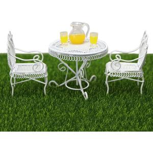 Dollhouse Miniature Bistro Table & Chairs Set Accessories Metal 1:12 Scale Miniatures White Coffee/Tea Furniture Fairy Garden Cute Rustic Elegant Decorations Ornaments