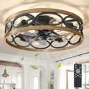 G-SAFAVA 20" Ceiling Fans with Lights and Remote, 6 Wind Speeds 3 Timing Quiet Flush Mount Low Profile Caged Ceiling Fan for Bedroom Living Room Kitchen, Farmhouse Reversible Ceiling Fan, Wood Grain