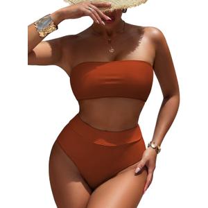 Pink Queen Women's High Waist Bikini Set Removable Strap Bandeau Two Piece Swimsuit Bathing Suit (Orange, L)