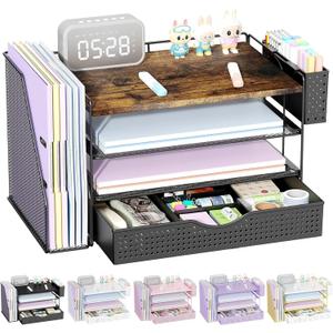 gianotter Wood Desk Organizers and Accessories with File Holder, 4-Tier Desk Accessories & Workspace Organizers with Drawer and Pen Holder, Paper Organizer for Office Supplies (Wood)