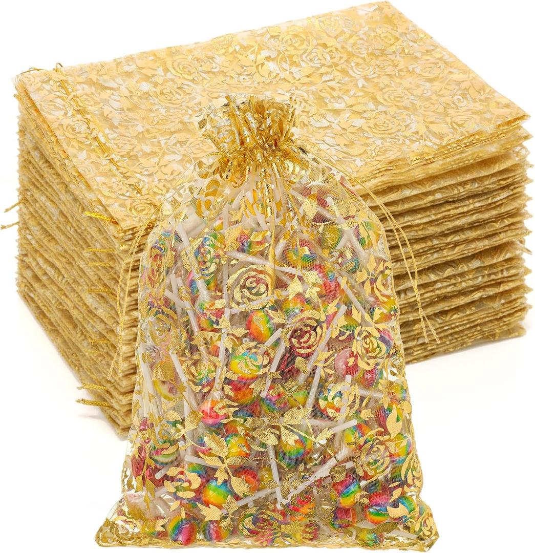 Kigeli 100 Pcs 8 x 12 Inch Large Organza Gift Bags Wedding Party Favor Candy Toys Makeup Pouches Gift Drawstring Jewelry Bag for Wedding Baby Shower Christmas Party Favors(Gold,Rose)