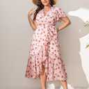 EYWOL Plus Size Wedding Guest Dress for Women, Floral Chiffon Midi Wrap Dress, Flutter Sleeve High Waist Flowy Summer Dresses (Pink)