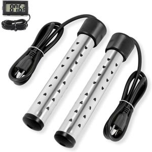 Portable Immersion Water Heater with Stainless Steel Cover, Quick Heating Immersion Heater with LCD Thermometer, Anti-scalding Bucket Heater for Indoor & Outdoor (2 Pcs, Black)