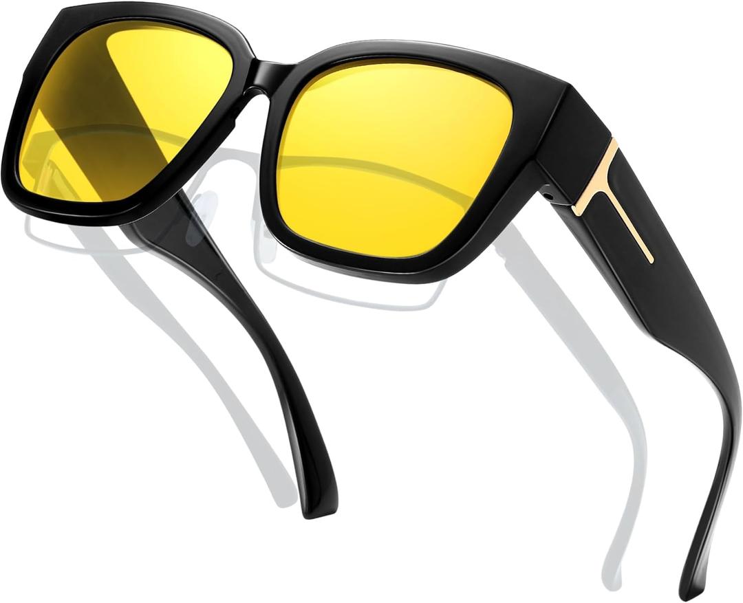 KANASTAL Oversized Over Glasses Sunglasses for Women Men Square Fit Over Polarized Sun Glasses UV400 (a16shiny Black/Non-polarized Yellow)