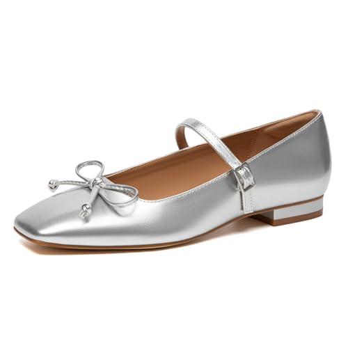 Athlefit Women's Mary Jane Flats Dressy Comfortable Square Toe Slip On Silver Ballet Flats Shoes with Buckle Strap Size 6.5