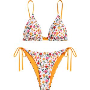 ZAFUL Women's Triangle Bikini Floral String Bikini Set Two Piece Swimsuit Bathing Suits (Large, 2-bright Yellow)