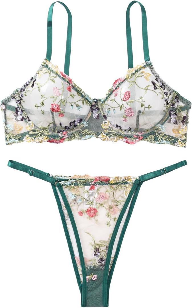 Lilosy Sexy Floral Embroidered Mesh Women Underwire Push Up Lingerie Set (Green, M)
