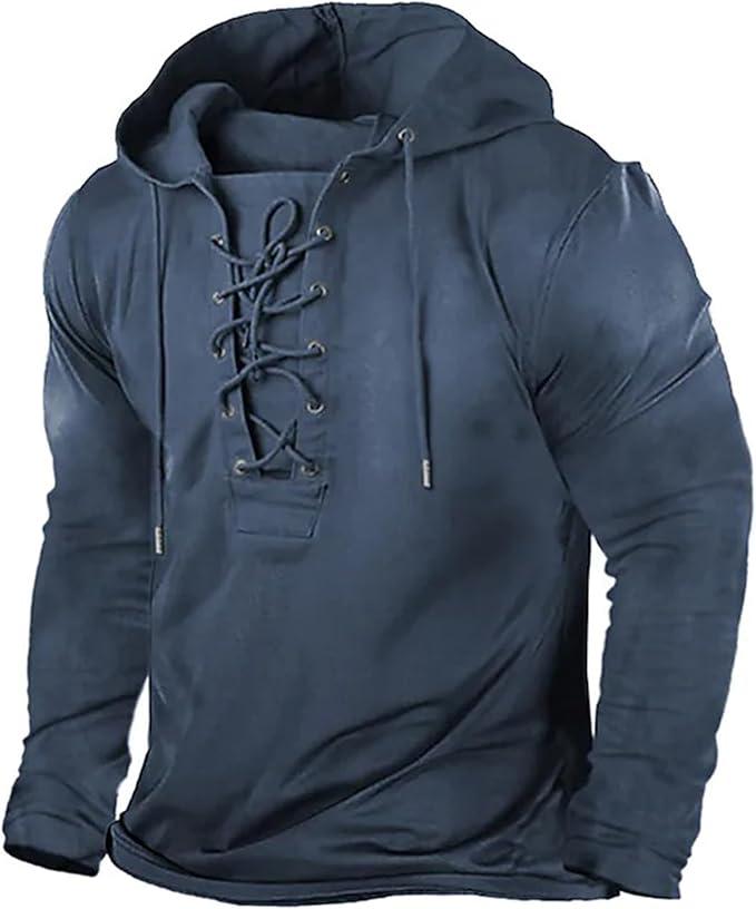 Beotyshow Mens Distressed Tactical Hoodies Sweatshirts Rotro Lace Up Hooded Pullover Outdoor Sports Long/Short Sleeve Shirts Navy Blue, Size Medium