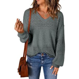 SHEWIN Womens Sweaters Casual Long Sleeve V Neck Lightweight Crochet Pullover Sweater Tops (Large, B Mist Green)