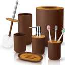 6 Pcs Bamboo and Plastic Bathroom Accessories Sets, Includes Toothbrush Cup, Toothbrush Holder, Soap Dispenser, Soap Dish, Toilet Brush with Holder, Trash Can, with 3 Pcs Toothbrushes (Brown)