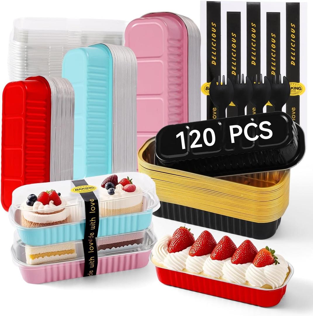 Mini Loaf Pans with Lids and Spoons Sealing Sticker,120 Pcs 6.8oz Cake Pans for Baking Disposable Aluminum Foil Christmas Cake Pan (mixed)