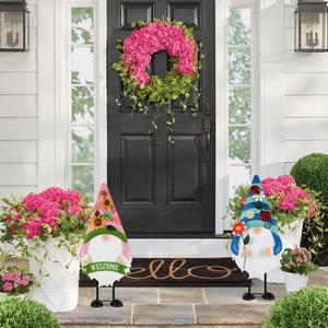 YEAHOME Garden Decor for Outside, Set of 2 Metal Gnomes 27.6 Decorative Garden Stakes with Flowers for Spring Decor, Yard Art Stakes for Outdoor Lawn Backyard Porch Garden Decorations (Green)