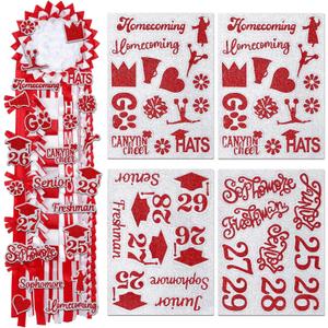 48 Pcs Homecoming Mum Glitter Cut Out Sticker Senior Die Cut Stickers Homecoming Mum Supply Prom Corsage Placard Flowers Embellishment Centerpiece Accessories Game Dance Decor(Red Silver)