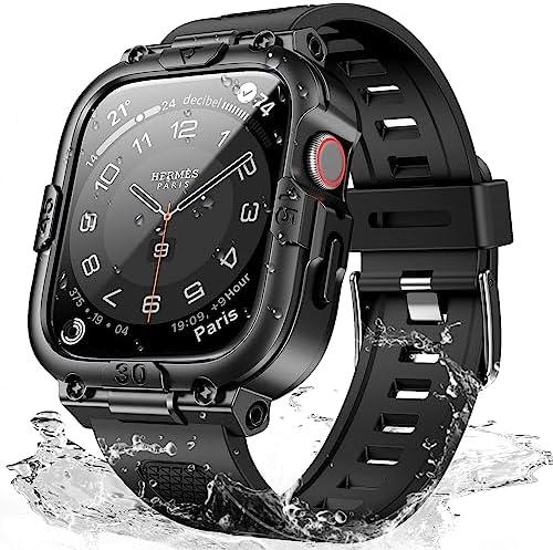 Mosonio Sport Rugged Case with Band for Apple Watch Band 46mm 45mm 44mm 42mm (S10)41mm 40mm, Light TPU Bands with Cover and Screen Protectors for Men, Waterproof Strap for iwatch Series 10 9 8 7 6 5 4 SE (Black)